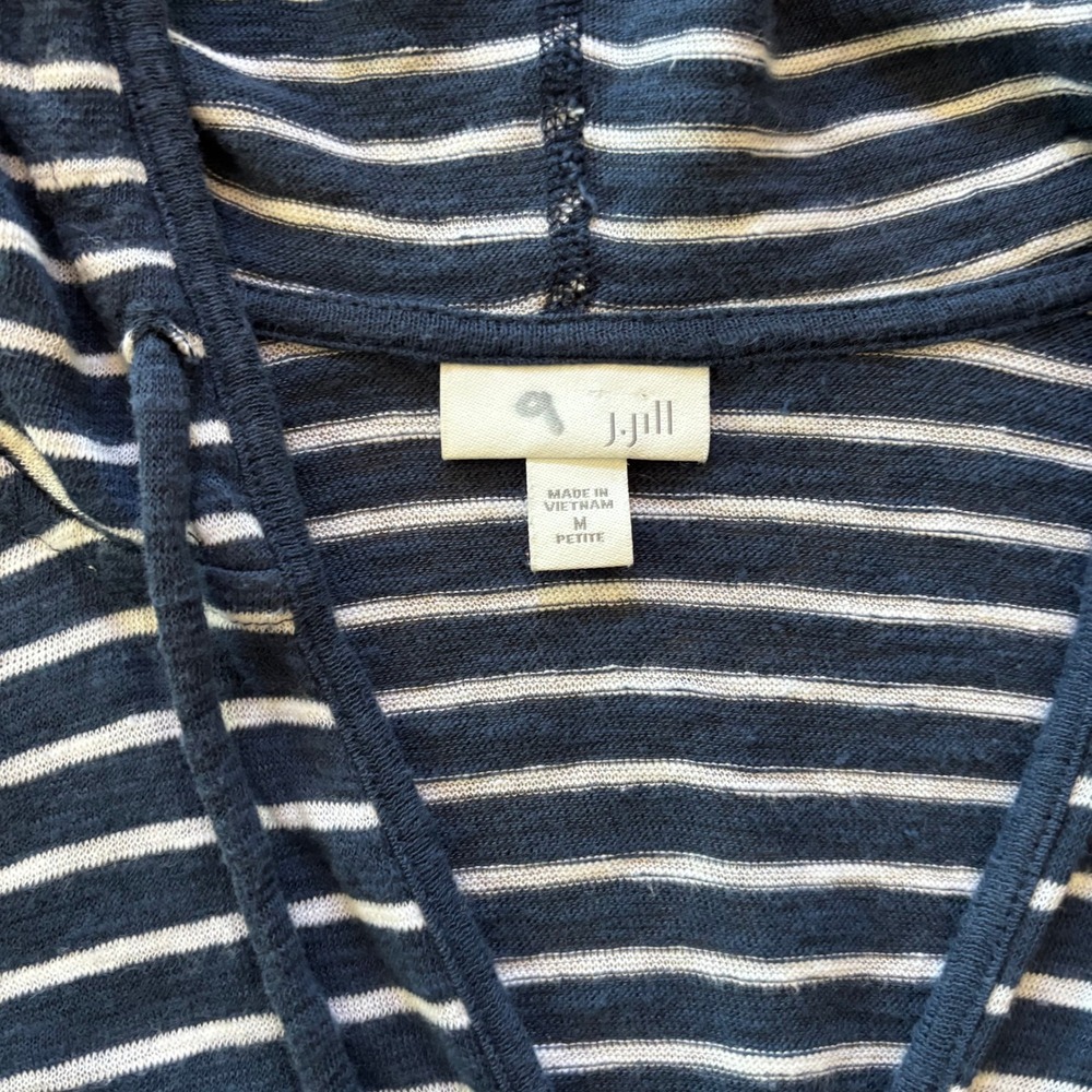 J. Jill Navy Blue White Striped Henley Hoodie Top Womens Medium Petite MP Pocket - Picture 3 of 7